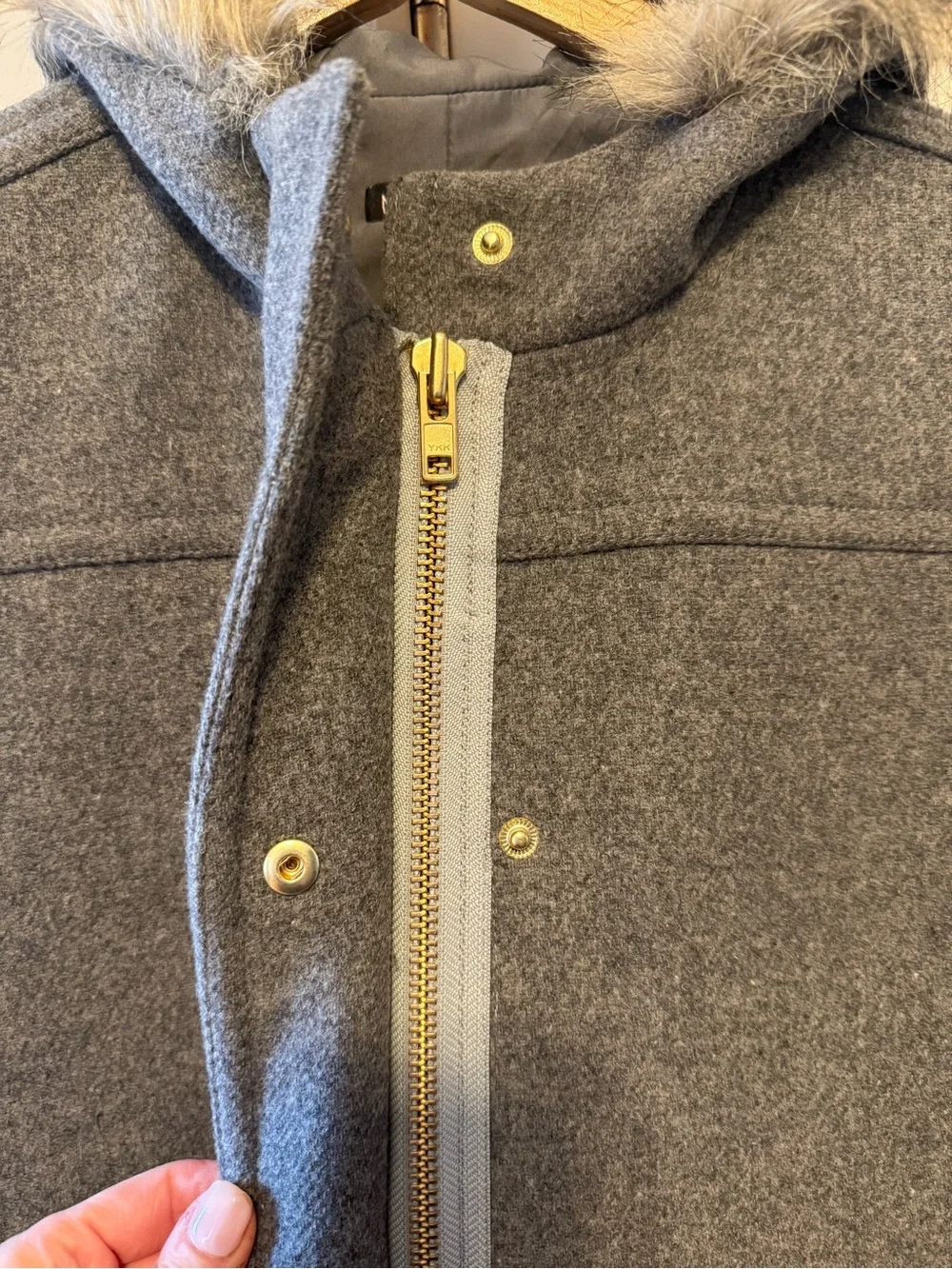 J. CREW MERCANTILE VAIL PARKA COAT HEATHER GREY FAUX FUR HOOD WOOL BLEND